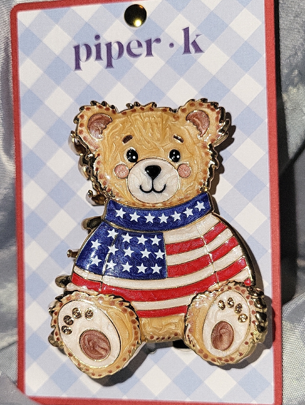 Piper K Teddy Bear Hair Clip American Flag Sweater, Gold Trim Ls